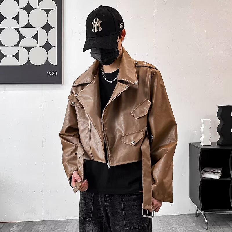 brown Short cleanfit Leather Jacket Men's Spring and Autumn Fashion Brand High-end American Style Retro Motorcycle Flying Clip