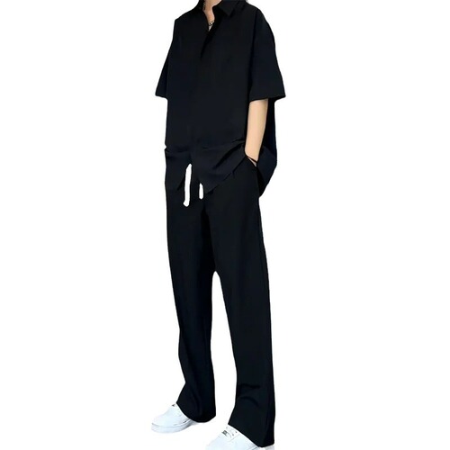 Black Ice Silk Quick-Dry Men's Summer Thin Pinstripe High-End Drape Shirt and Pants Set - Stylish Two-Piece Suit
