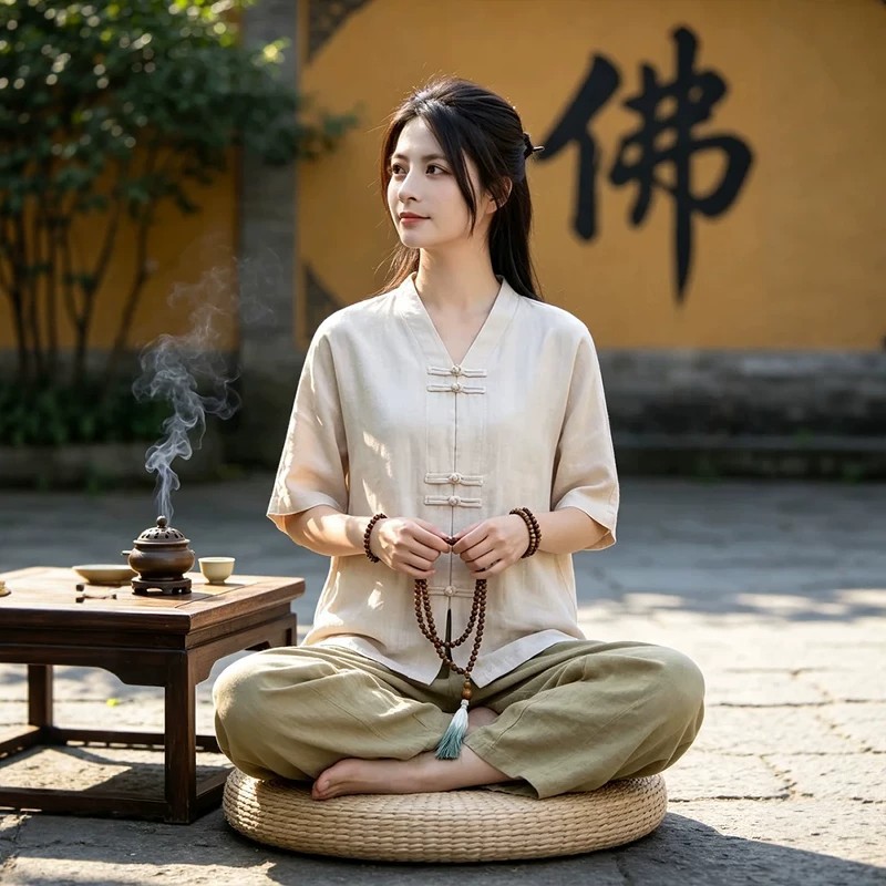 打坐居士服女款夏季天丝苎麻禅意佛系女装上衣寺院素衣禅服女套装