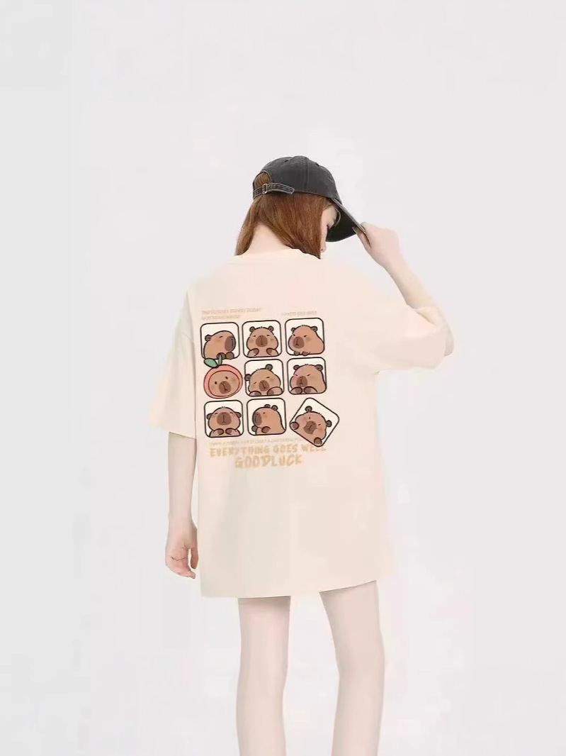2025 New Summer Loose Women's Cartoon Print Rest Slim Round Neck Top Women's T-Shirt Isn Cross-Border K-Style