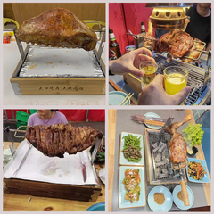 8N roasted lamb leg, lamb chop, lamb meat, whole lamb rack, on the table, with a heat-preserving stove, commercial bamboo and wood box, charcoal heating, tableware and plate