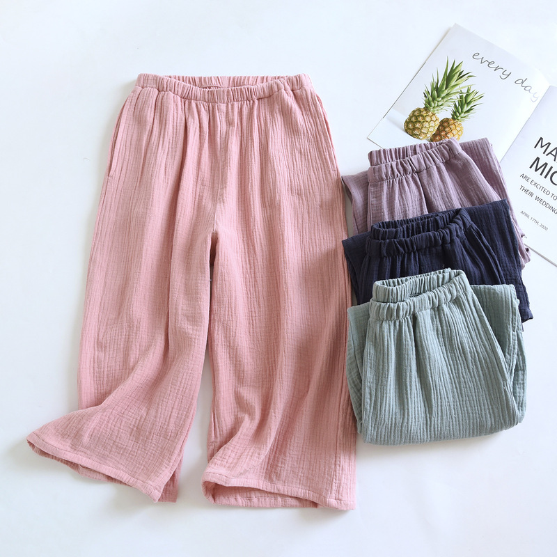 Cotton Double-Layer Crepe Cropped Pants for Spring, Summer, and Autumn, Thin Style with Side Pockets, Wide-Leg Pants for Women, Suitable for Wearing Outside, Minimalist Style Home Pants