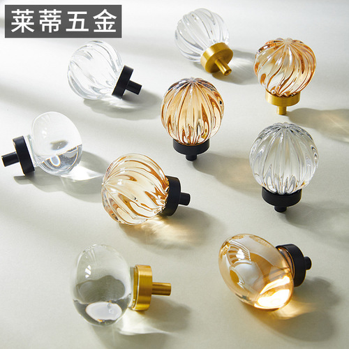 Brass crystal wardrobe door single hole handle modern light luxury minimalist transparent drawer cabinet shoe cabinet black small handle