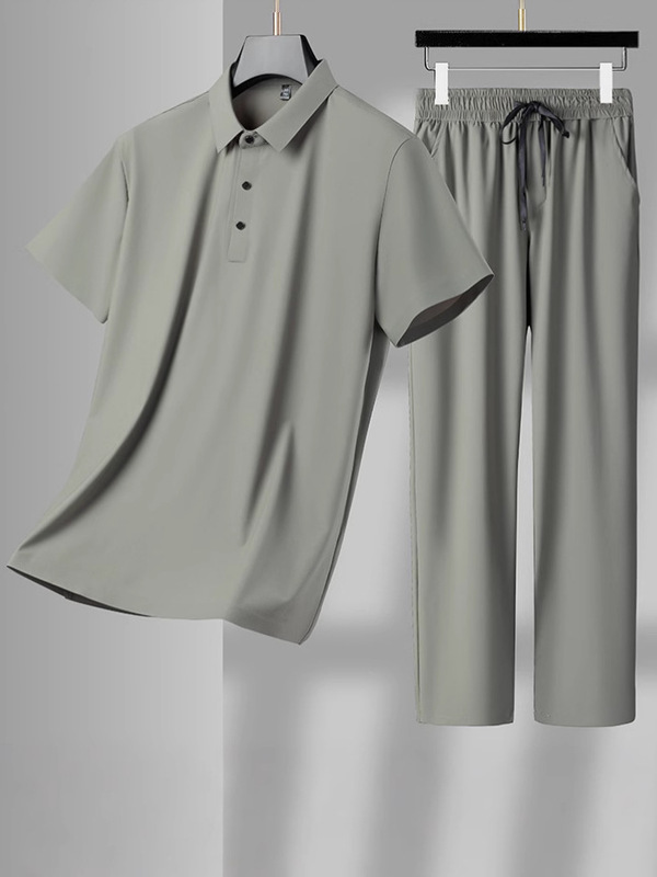 キツツキお父さんスーツ夏薄手半袖ストレッチ中年紳士アイスシルク服カジュアルスポーツ2点セット|undefined