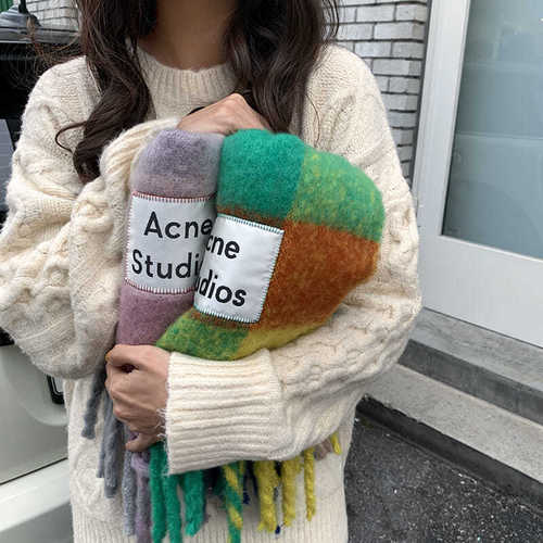 Xinbangbang Korean version contrasting color rainbow tassel square couple shawl warm neck scarf women winter versatile