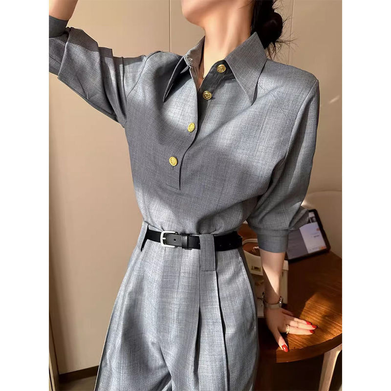Gray Old Money Style Polo Collar Pullover Shirt for Women, Autumn 2026 New Versatile Elegant Long-Sleeve Top