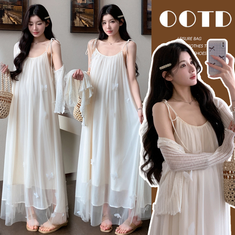 Maternity Dress, Summer Dress, French Style Outfit for Pregnancy, Seaside Resort Style, Fairy Mesh Chiffon Suspender Long Dress, Summer Maternity Dress, Summer Dress, French Style Outfit for Pregnancy, Seaside Resort Style, Fairy Mesh Chiffon Suspender Long Dress, Summer