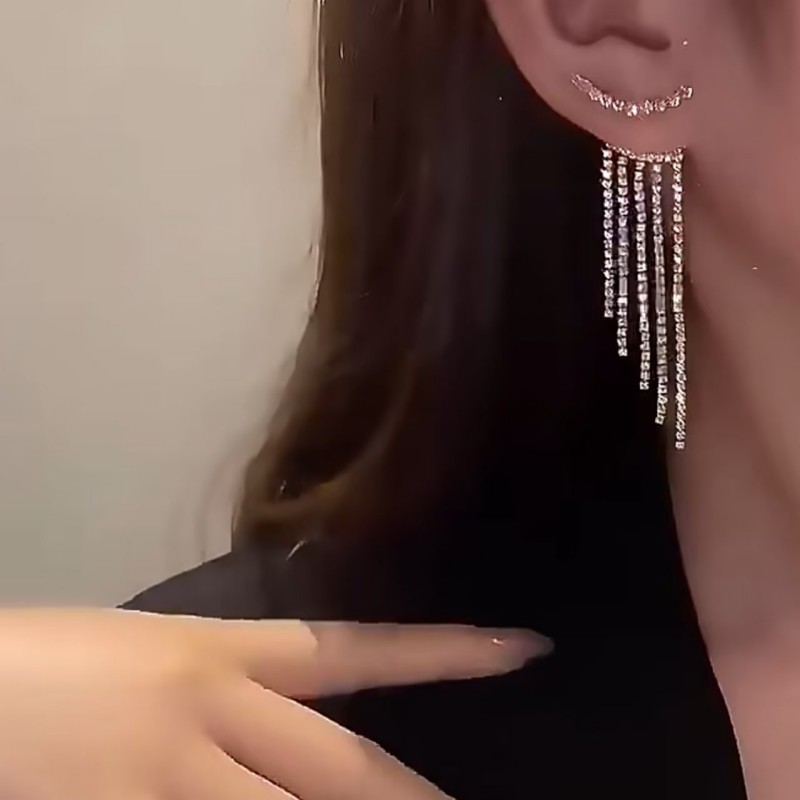 Silver Rhinestone Tassel Earrings Image 3