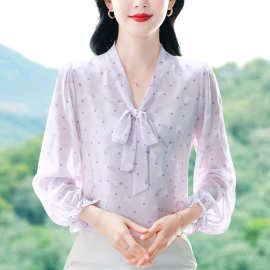 法式波点真丝上衣女装长袖春夏新款宽松蝴蝶结飘带衬衫洋气小衫薄