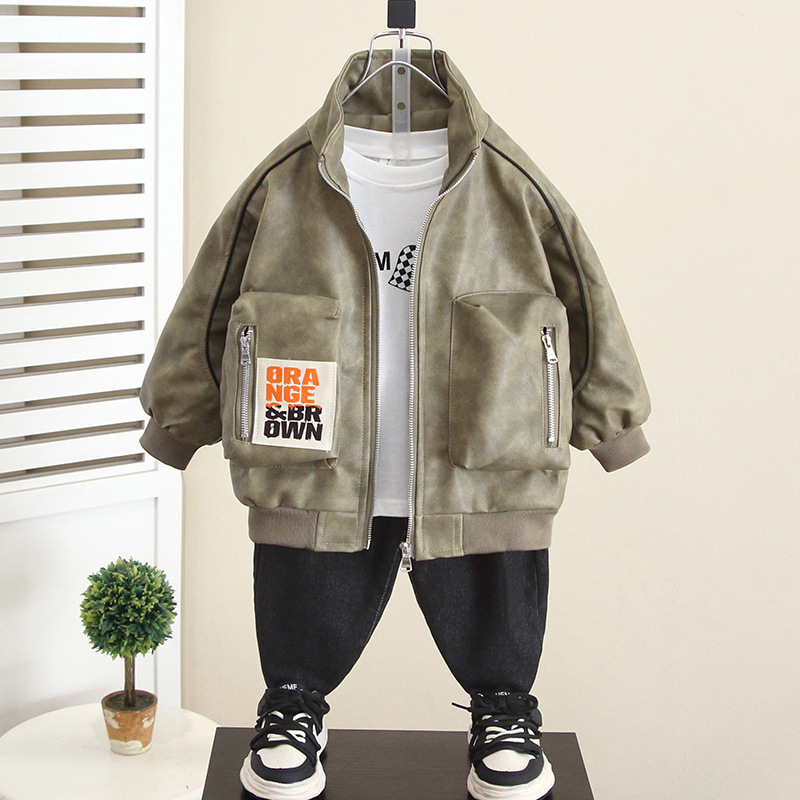 6308 primavera y otoño para niños, chaqueta de cuero con cuello alto fresco y guapo, chaqueta de otoño de la calle frita para niños 2025 nueva chaqueta de cuero para niños