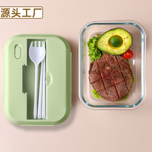 厂家批发玻璃饭盒方形饭盒韩式单层分格韩式快餐盒学生便当带餐具