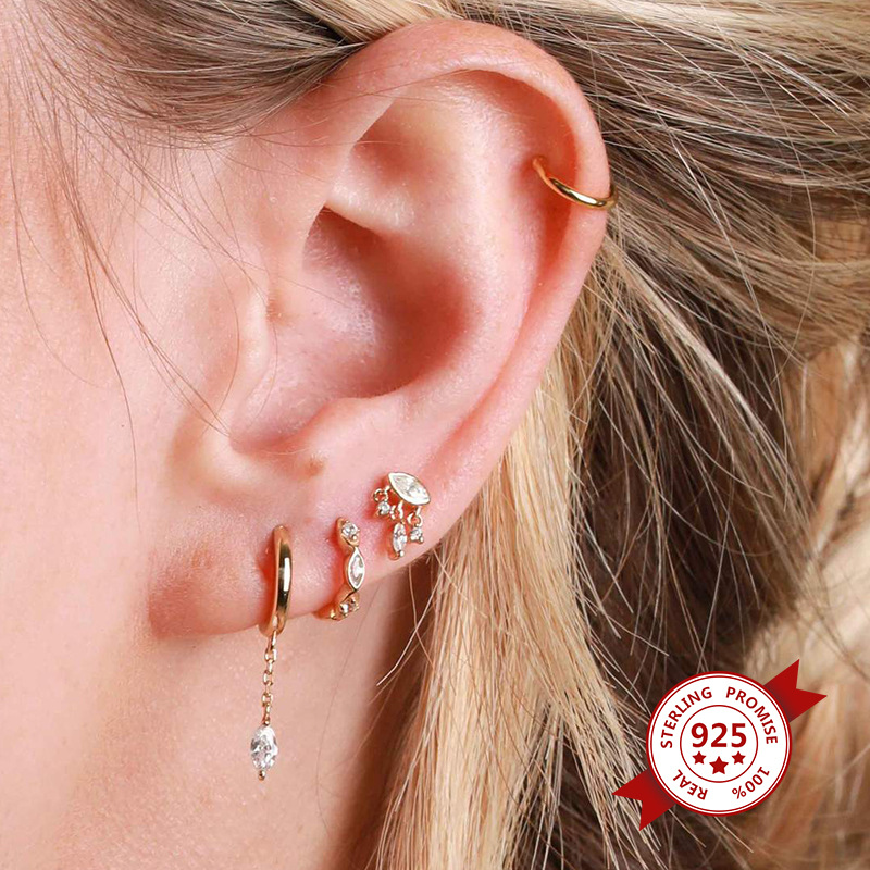 S925 Silver Needle Geometric Inlaid Round Horse Eye Zircon Earrings display picture 4