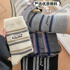 袜子女ins植绒条纹中筒袜秋冬韩系撞色复古日系学院风百搭长棉袜