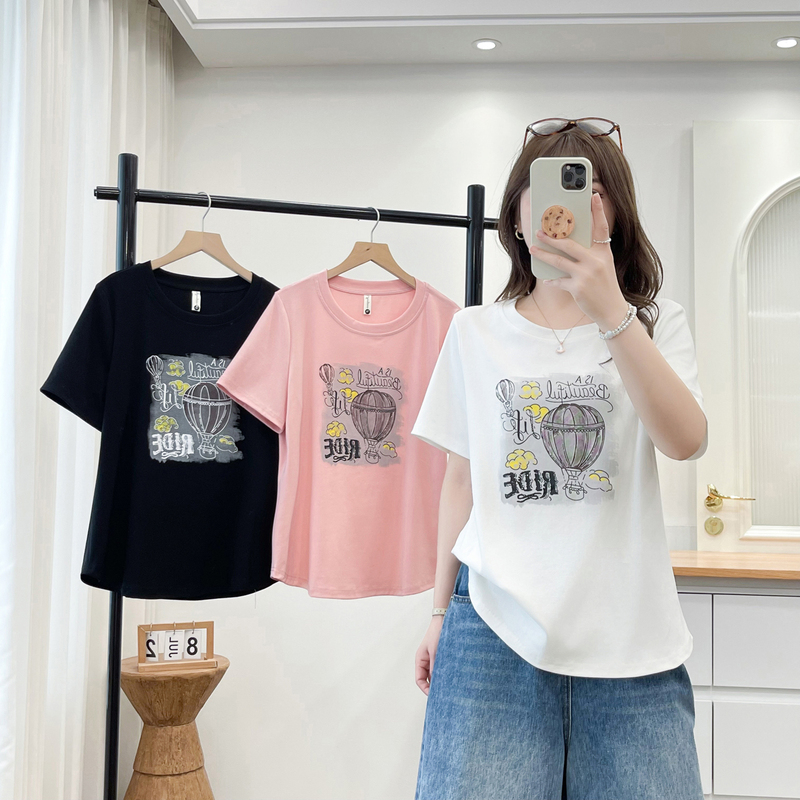 Plus-Size Women's Regular Shoulder T-Shirt, 2026 Summer New Style, Hot Air Balloon Print, Slimming, Tummy-Covering Short-Sleeve Top