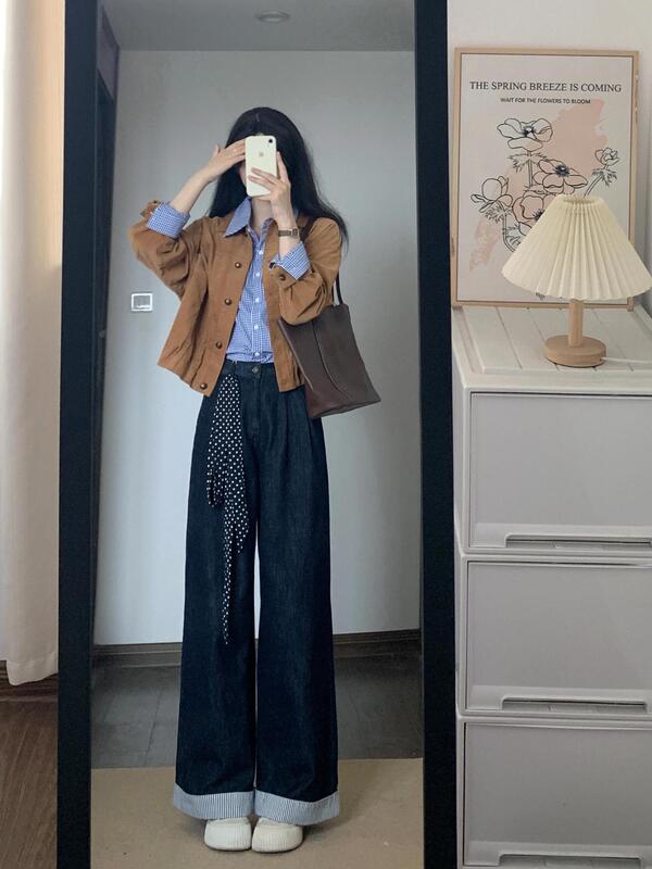 初秋穿搭一整套大码胖衬衫叠穿外套阔腿牛仔裤设计感复古套装女|undefined