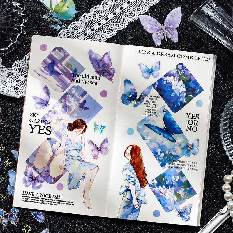 Sombra de mariposa intermitente Pegatina de pet transparente a prueba de agua Pegatina de diario de cuenta manual de bricolaje Pegatina láser de estampado en caliente de mariposa retro transfronteriza