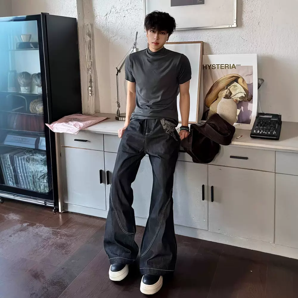 大码美式复古高腰微喇牛仔裤男春秋冬设计感拼接显瘦阔腿拖地长裤