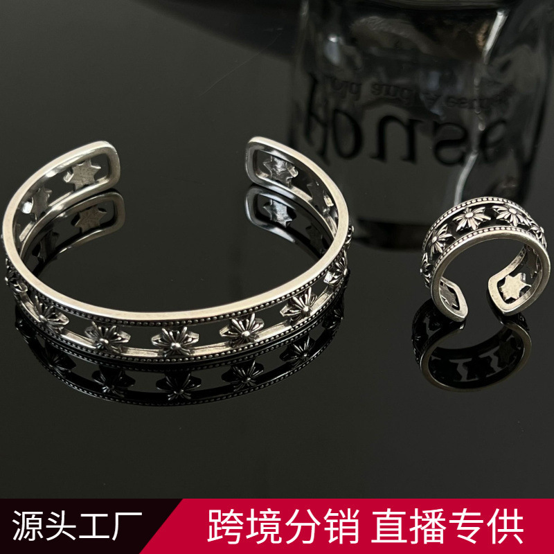 Retro Six-Pointed Star Open Ring Cut Out Design Bracelet Ins Cold Style 925 Silver Plated Bracelet Trendy Cool Men's and Women's Ring