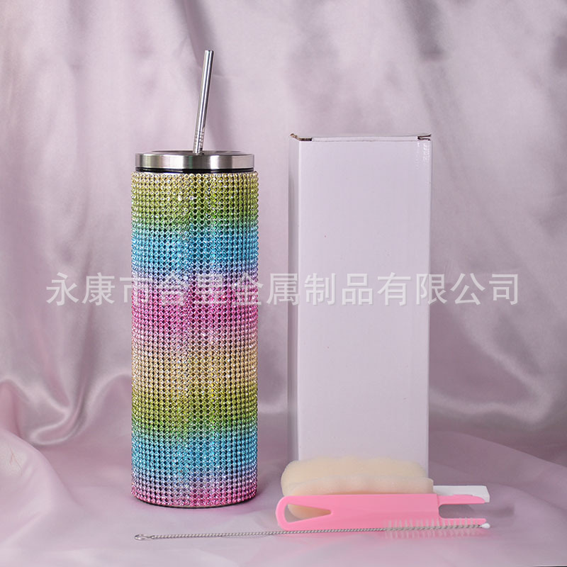 20oz Comercio exterior moda nuevo diamante paja 304 Acero inoxidable recta taza de vacío completo diamante taza de café