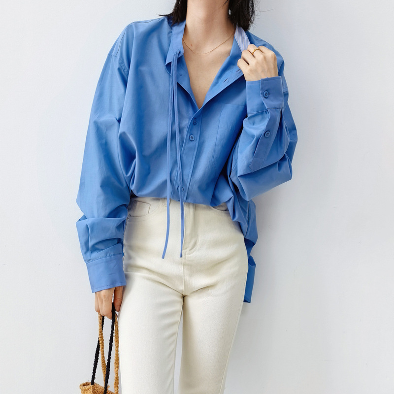 New Lace-up Two-color Loose Silk Cotton Shirt Women's Fresh Shoulder Sleeve Single Pocket Long-sleeved Mulberry Silk Shirt New Lace-up Two-color Loose Silk Cotton Shirt Women's Fresh Shoulder Sleeve Single Pocket Long-sleeved Mulberry Silk Shirt