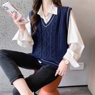 Spring and Autumn Japanese and Korean Cross-border Academy Style Knitted Vest V-neck Loose Lazy Style Sleeveless Vest Sweater for Women