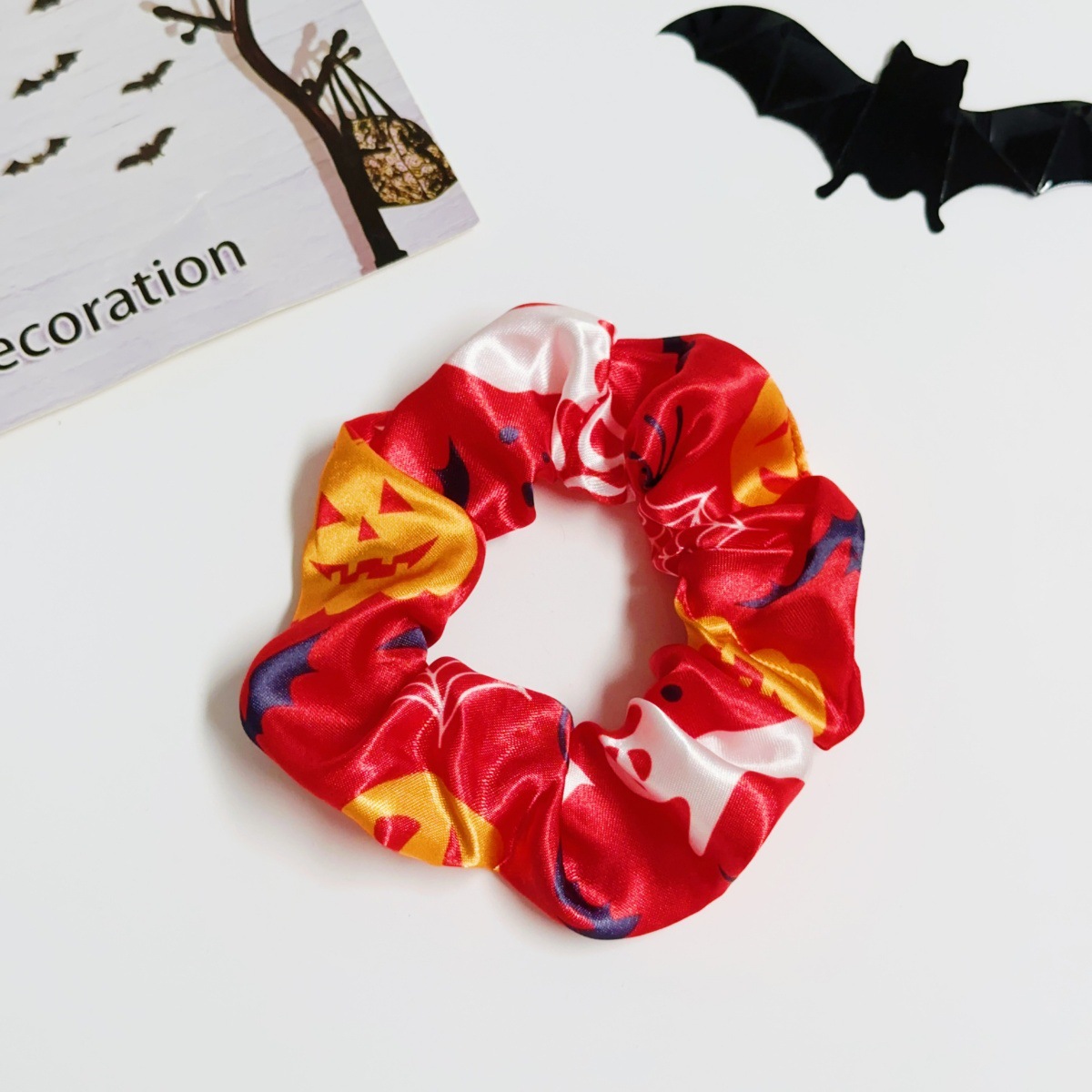 Halloween Glitter Ribbon Scrunchie with Pumpkin, Ghost, and Spider Web Print Ponytail Hair Tie for Holiday Party Hair Accessories