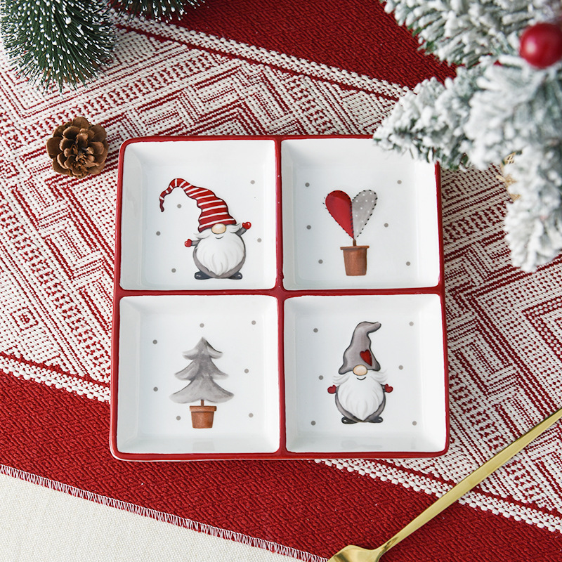 País nórdico Navidad muñeco de nieve placa de cerámica vajilla para el hogar Placa de cuatro rejillas en relieve de estilo occidental Placa de rejilla plato de aperitivos
