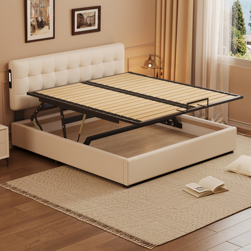 Cream-Style Leather Bed, Adjustable Bedside Sliding Air Pressure Lift, High Box Storage Bed, Small Apartment Storage Bed, Wedding Bed