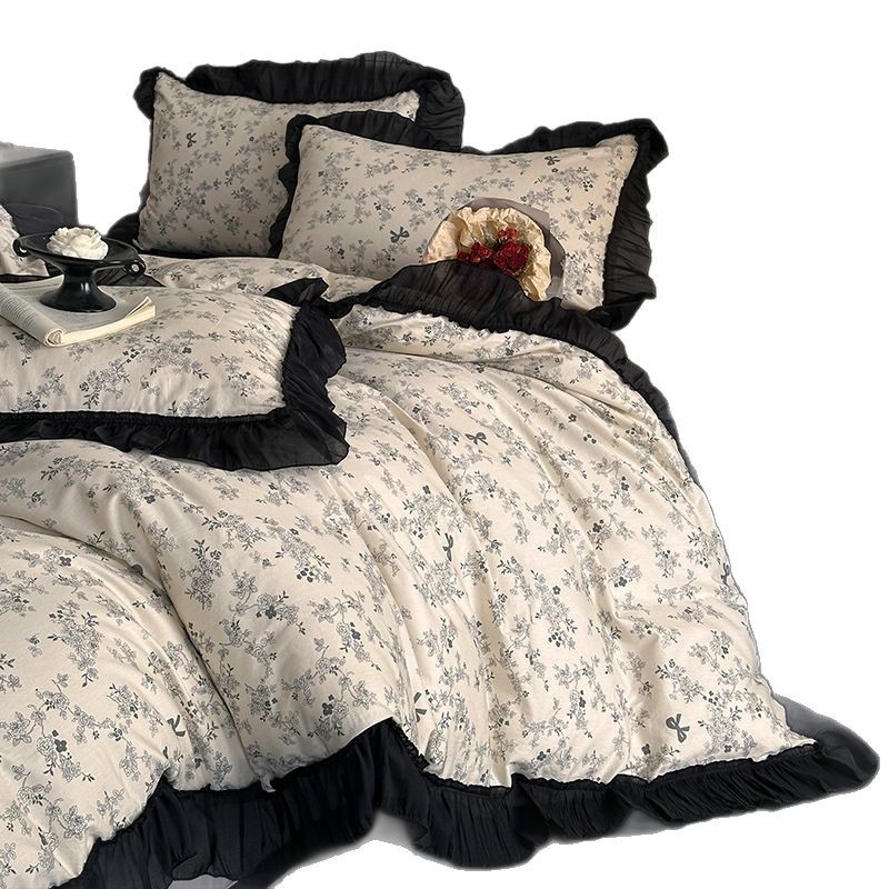 Conjunto de cama de quatro peças em algodão puro, estilo nórdico francês vintage boho boho, com capa de edredom e lençol em renda vintage, ideal para estudantes._voghion.com