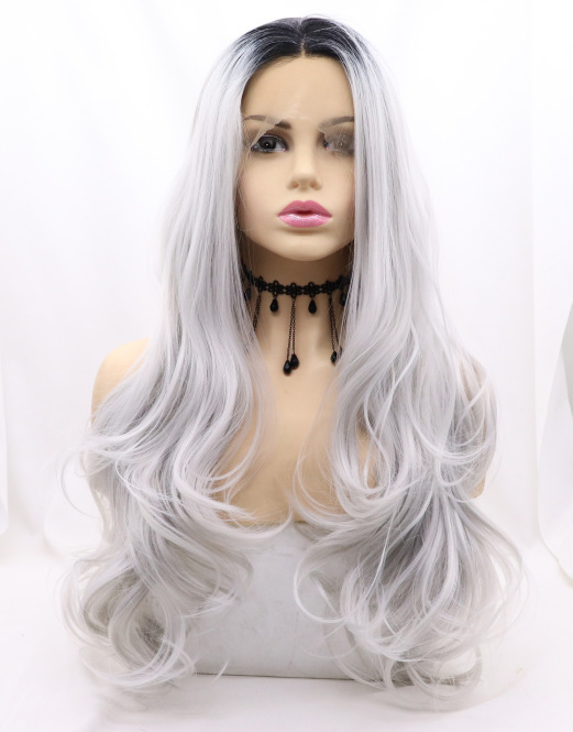 Color de moda gradiente ondas largas pelucas de cabello rizado fibra química delantera encaje medio tejido mano gorra de seda de alta temperatura LW0317