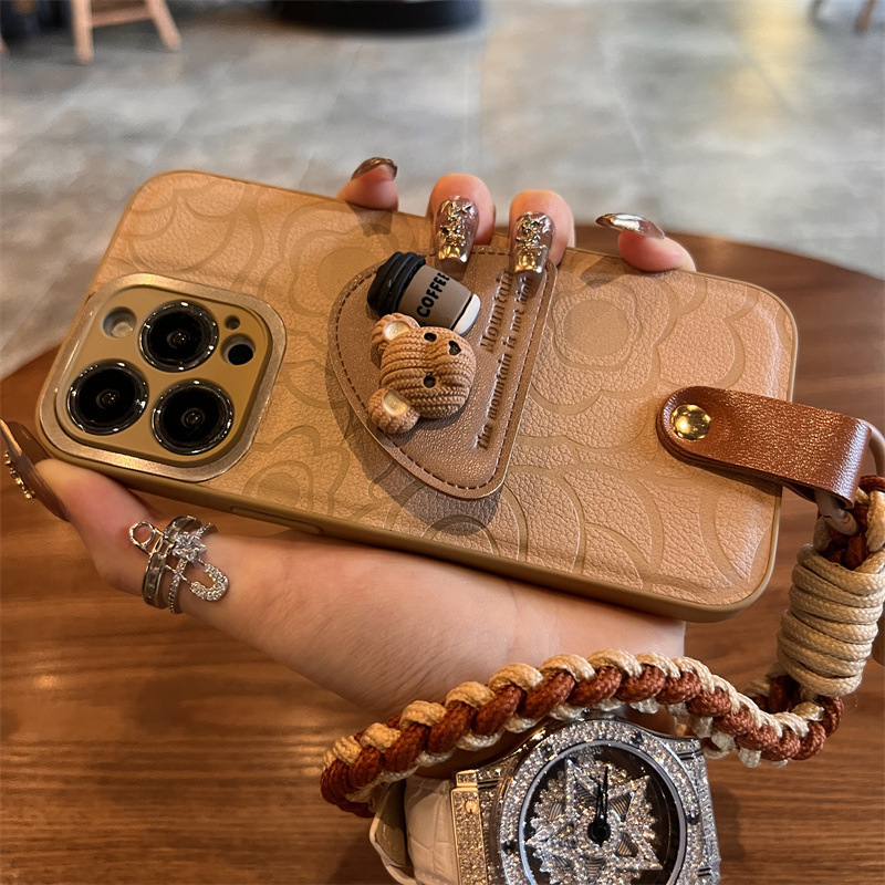 Silver Mirror Brown Leather Flower Bear Triangle Stand Lanyard Apple 17 Phone Case Apple 18 Pro Protective Cover