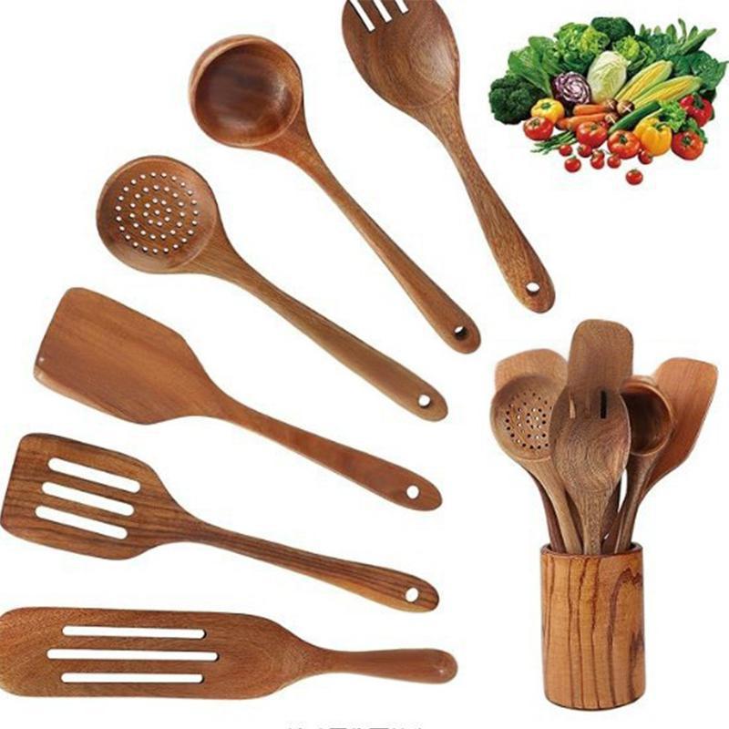 Set de madera de teca horquilla de madera sólida horquilla antiadherente horquilla de madera de acacia cocina utensilios de cocina de mango largo horquilla de verduras pala de cocina conjunto de varias piezas
