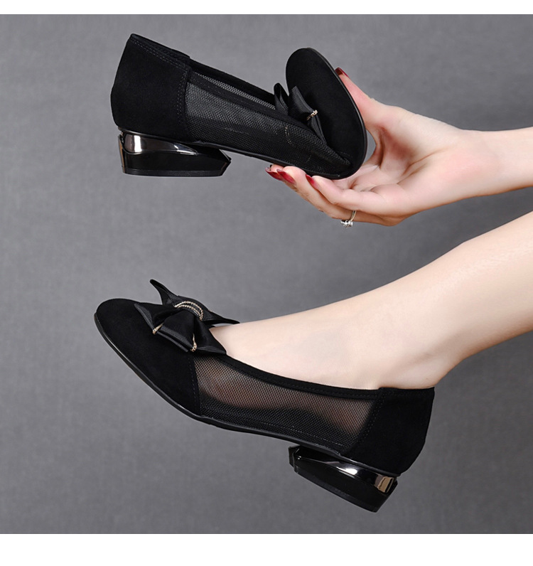 Giày da nữ mũi tròn gót thô đế mềm nơ bướm lưới thoáng khí — Màu đen chi tiết 5