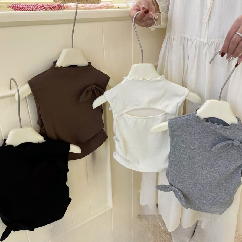 Korean Style Girls' Summer Bow-Knot Hollow-Out Sleeveless Vest T-Shirt for Baby Girls, Half-High Collar Top, Trendy T0015A085 Korean Style Girls' Summer Bow-Knot Hollow-Out Sleeveless Vest T-Shirt for Baby Girls, Half-High Collar Top, Trendy T0015A085