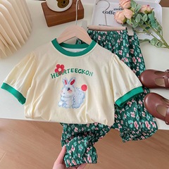 Children's Set 2023 New Pure Cotton Cartoon T-shirt Cute Baby Floral Mosquito-Proof Pants Korean Style Casual Outfit