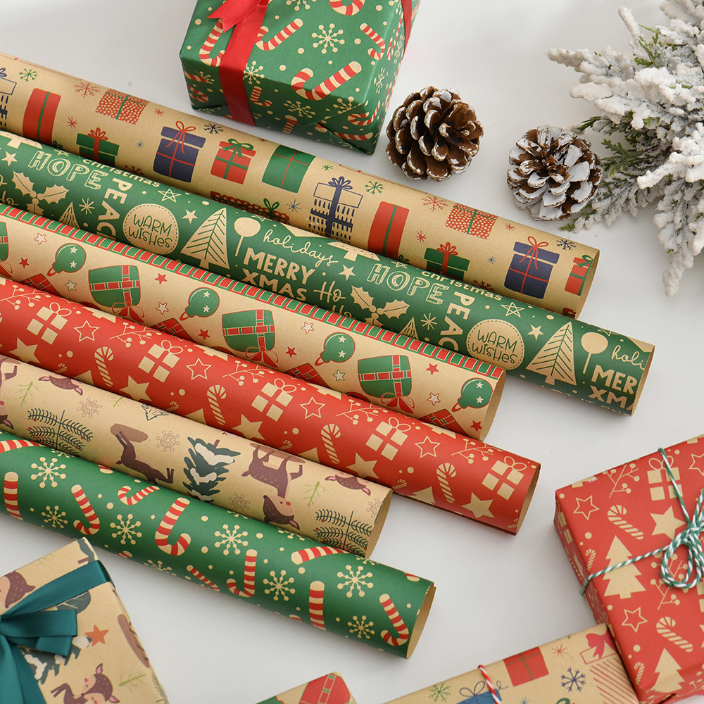 Amazon Navidad Vintage papel de regalo de papel Kraft Santa Claus árbol de Navidad de dibujos animados de papel de regalo
