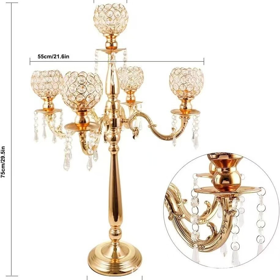 2025 Ventas calientes europeas de candelabro de cinco cabezas props de boda guía de boda decoración de mesa de vela metálica decoración de vasijas