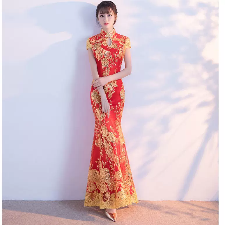 旗袍2022新款复古改良蕾丝修身长款鱼尾中式礼服演出走秀主持旗袍