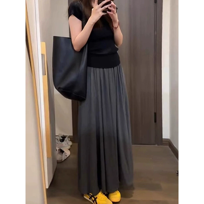 Серая драпированная юбка в ленивом стиле для женщин, лето 2025, новая юбка для похудения, элегантная длинная юбка трапециевидной формы