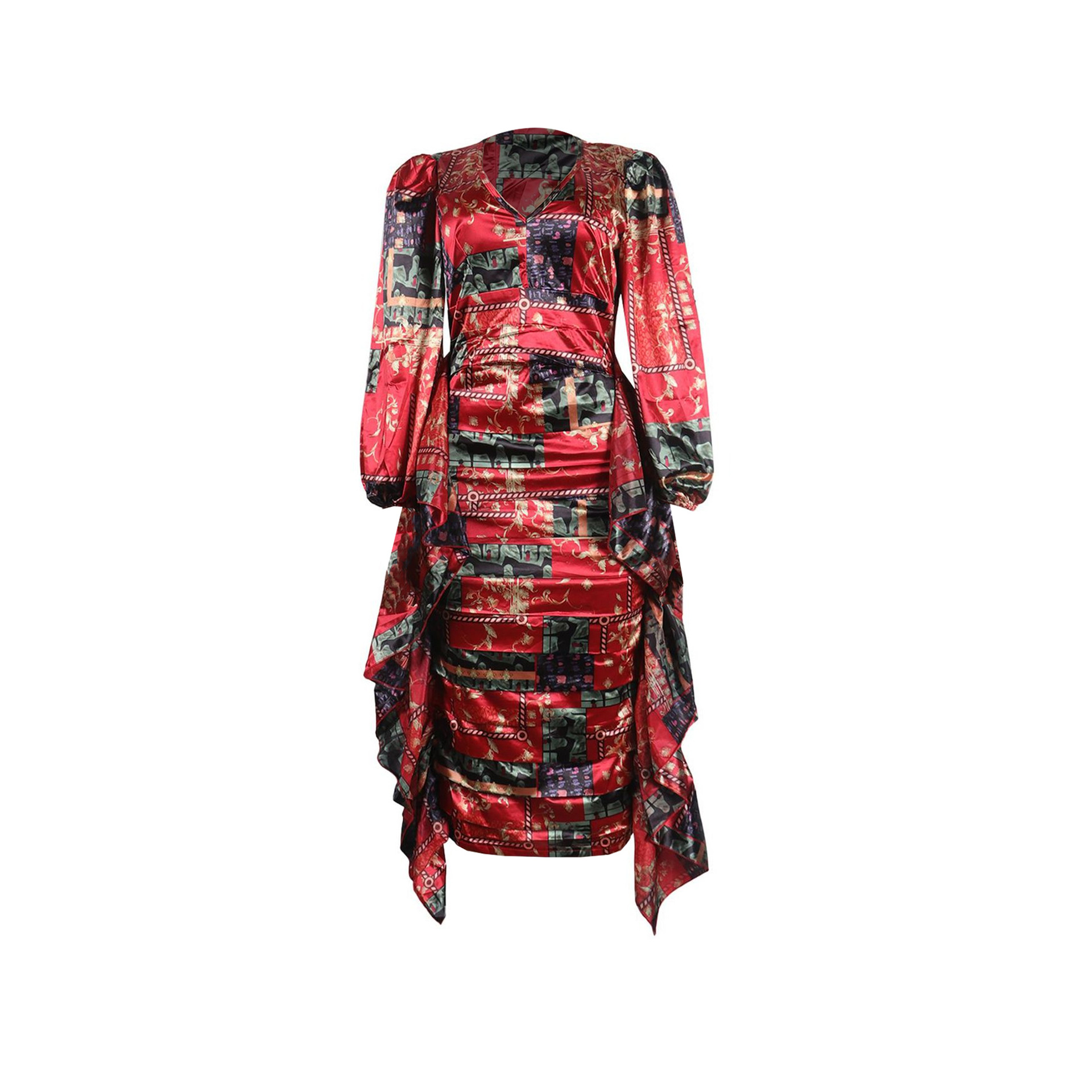 Women's Clothing Sexy Printed Ruffled Lantern Sleeve Hip Hugging Slim Fit Long Sleeve Dress_voghion.com