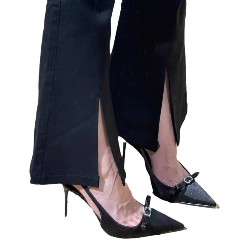 В наличии! Лето 2025 г., французские черные босоножки на высоком каблуке Baotou, темпераментные босоножки с бантом и стразами на шпильке с ремешком