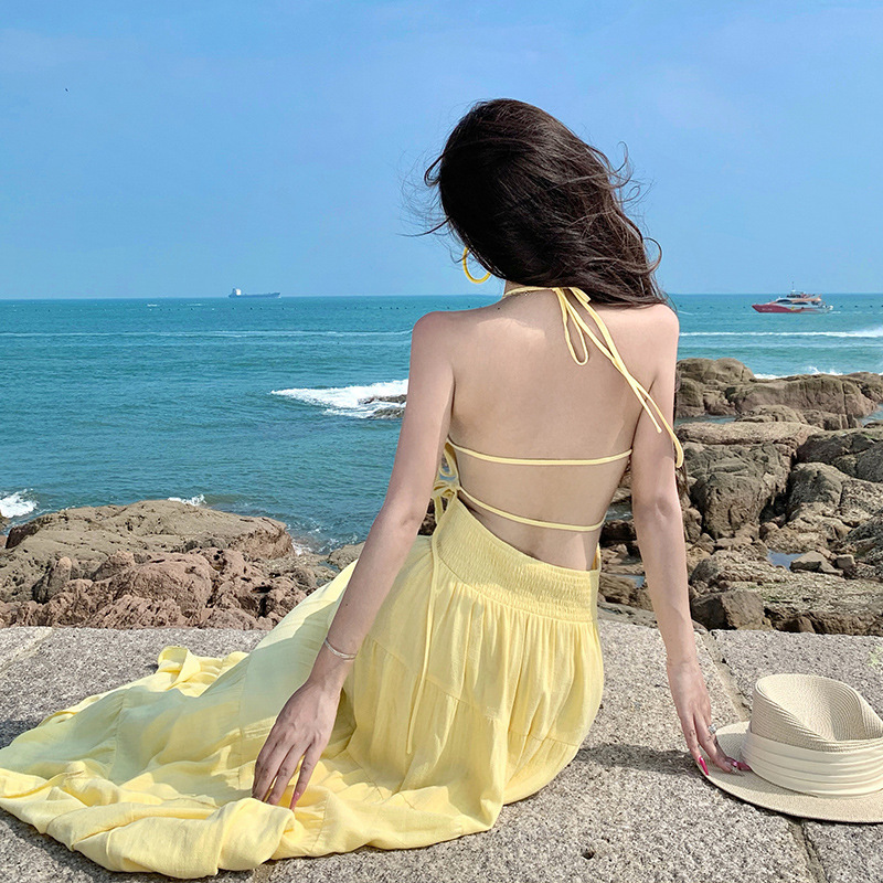 Beautiful Summer Seaside Resort Style Halterneck Suspender Dress for Women, Summer Slimming Look A-Line Skirt, Backless Long Skirt, Fairy Beautiful Summer Seaside Resort Style Halterneck Suspender Dress for Women, Summer Slimming Look A-Line Skirt, Backless Long Skirt, Fairy