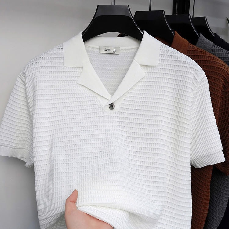 Cuba cuello polo camiseta camiseta de manga corta hombre waffle viejo viento de negocios hielo verano fábrica transfronteriza al por mayor
