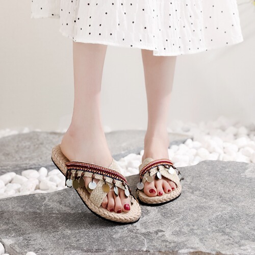 Xishuangbanna handmade slippers women's summer outerwear bohemian fashion tassel ethnic style wedge heels high-heeled beach shoes