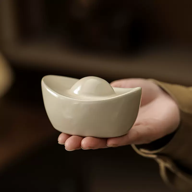 米黄汝窑陶瓷盖置创意元宝茶桌摆件茶壶盖托汝瓷茶玩茶宠茶具配件