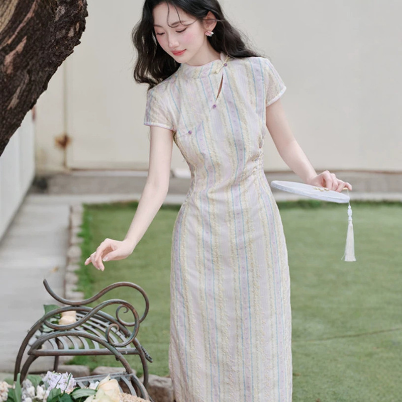 2026 Summer New Style New Chinese Style Young Style National Style Striped Petal Sleeve Improved Cheongsam Women's Dress Two-Piece Set