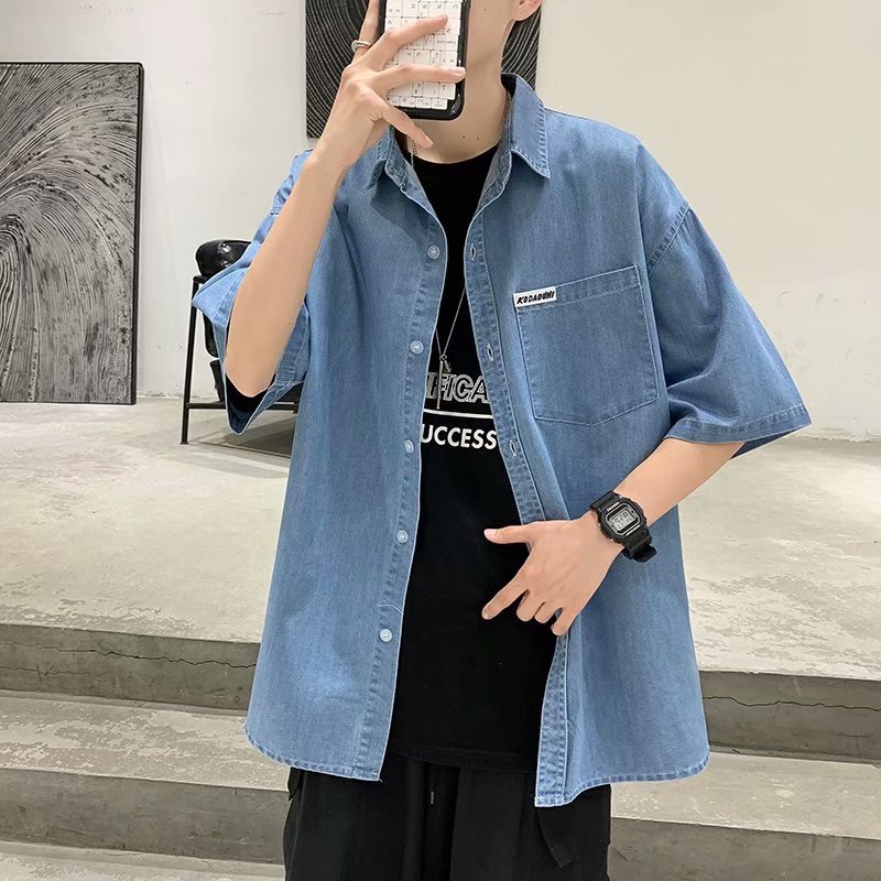 Summer Hong Kong Style Ins Denim Shirt Men's Loose All-match Casual Overcoat Trendy Brand Trendy Short-sleeved Shirt