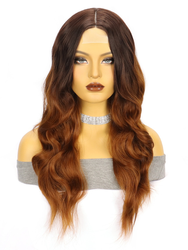 アマゾンの新しい茶色のロングストレートヘアビッグウェーブロングカーリーヘア化学繊維フロントレースレディースウィッグヘッドギア小スポット|undefined