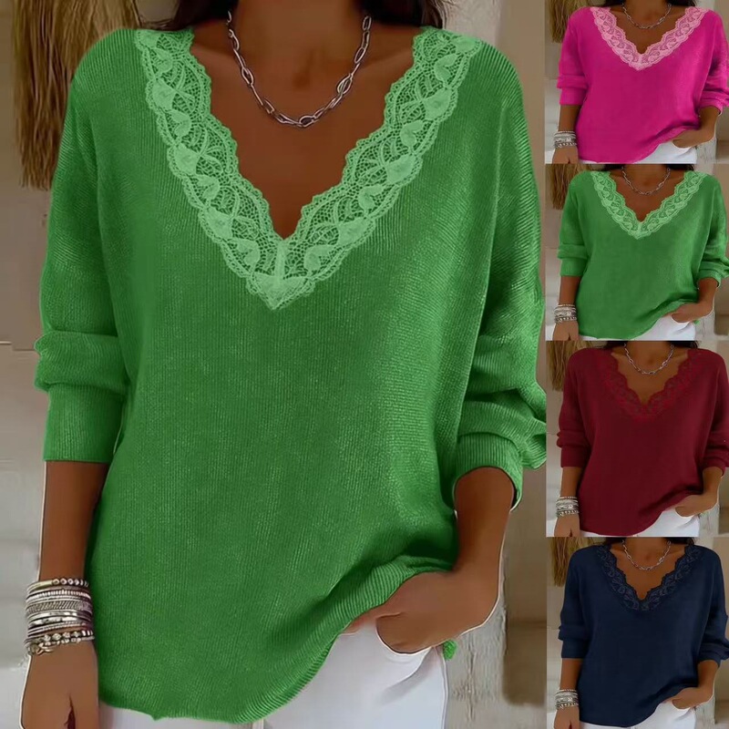 2026 European and American cross-border Amazon vintage lace trim V-neck sweater, loose new style V-neck hollow crochet pattern