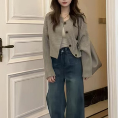 新しいバットスリーブセーターカーディガン女性のための初春のピットストリップデザインルーズトップショートラウンドネックセータージャケット女性のための